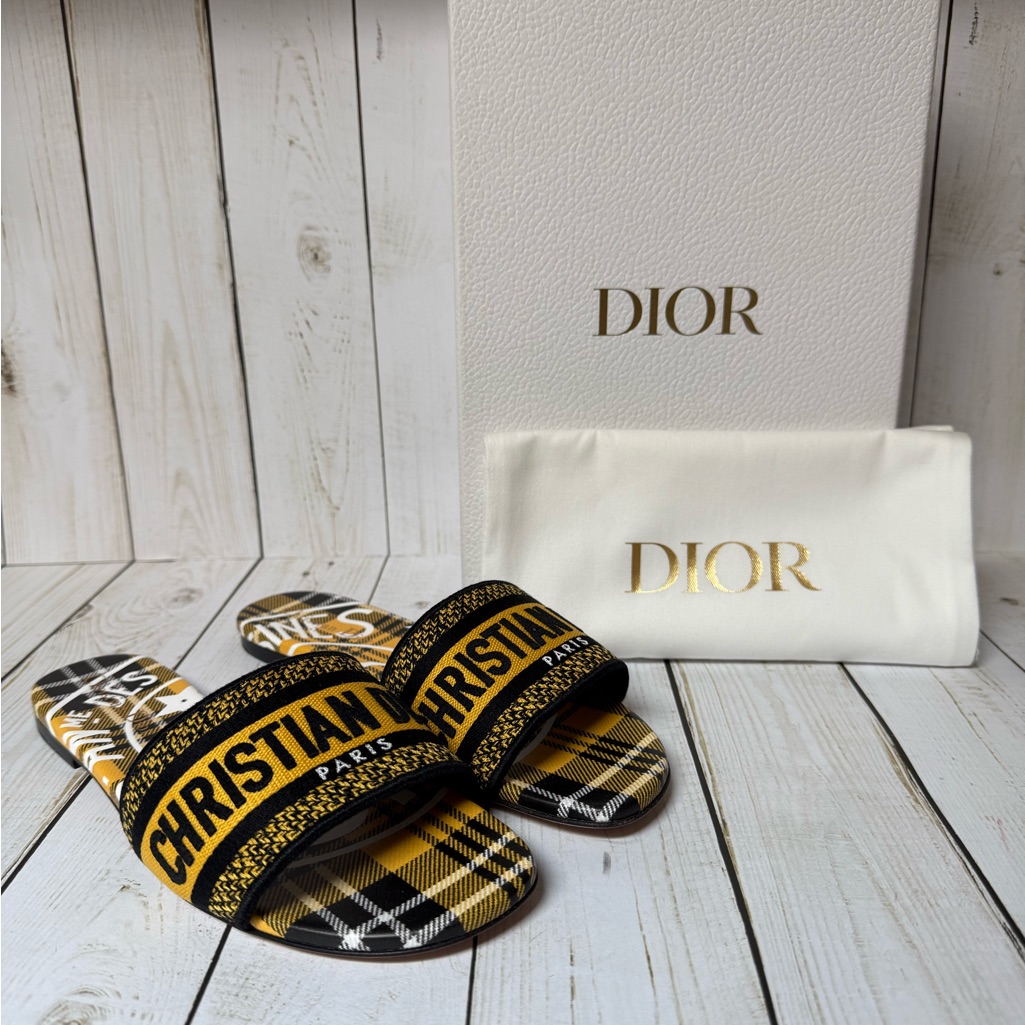 Christian Dior Canvas Union Check Embroidered Dway Slide Sandals Sz 38.5 / 8.5